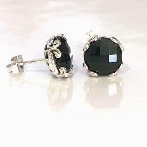 SAMULE B Sterling Silver Cushion Cut Black Spinel Faceted Earrings